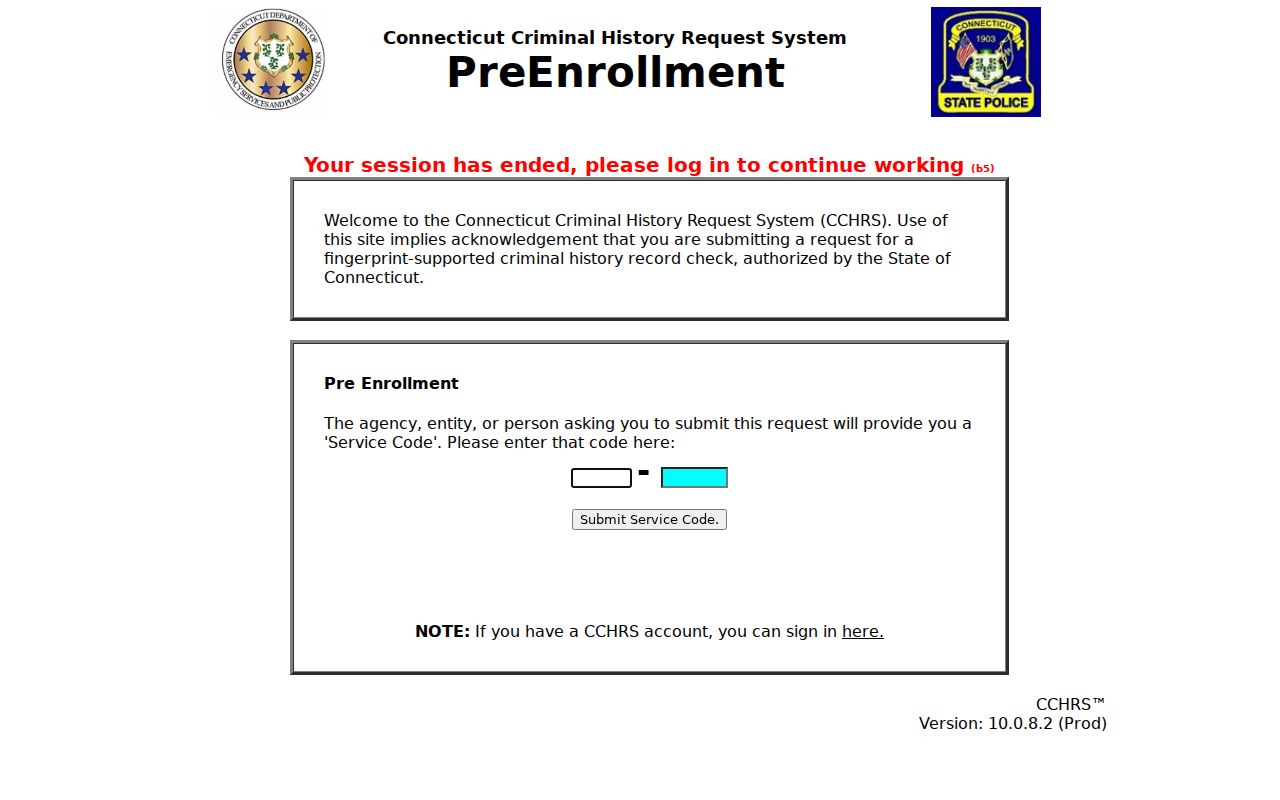 Connecticut CCHRS criminal history pre-enrollment portal