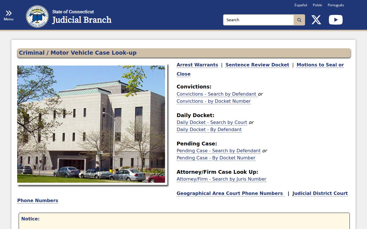 Connecticut Judicial Branch criminal case lookup menu used for Hartford court records