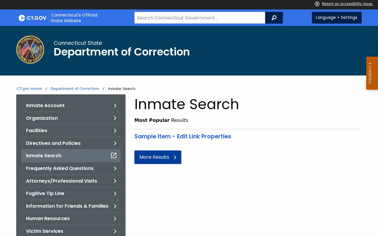Connecticut DOC inmate search page for statewide Hartford custody searches