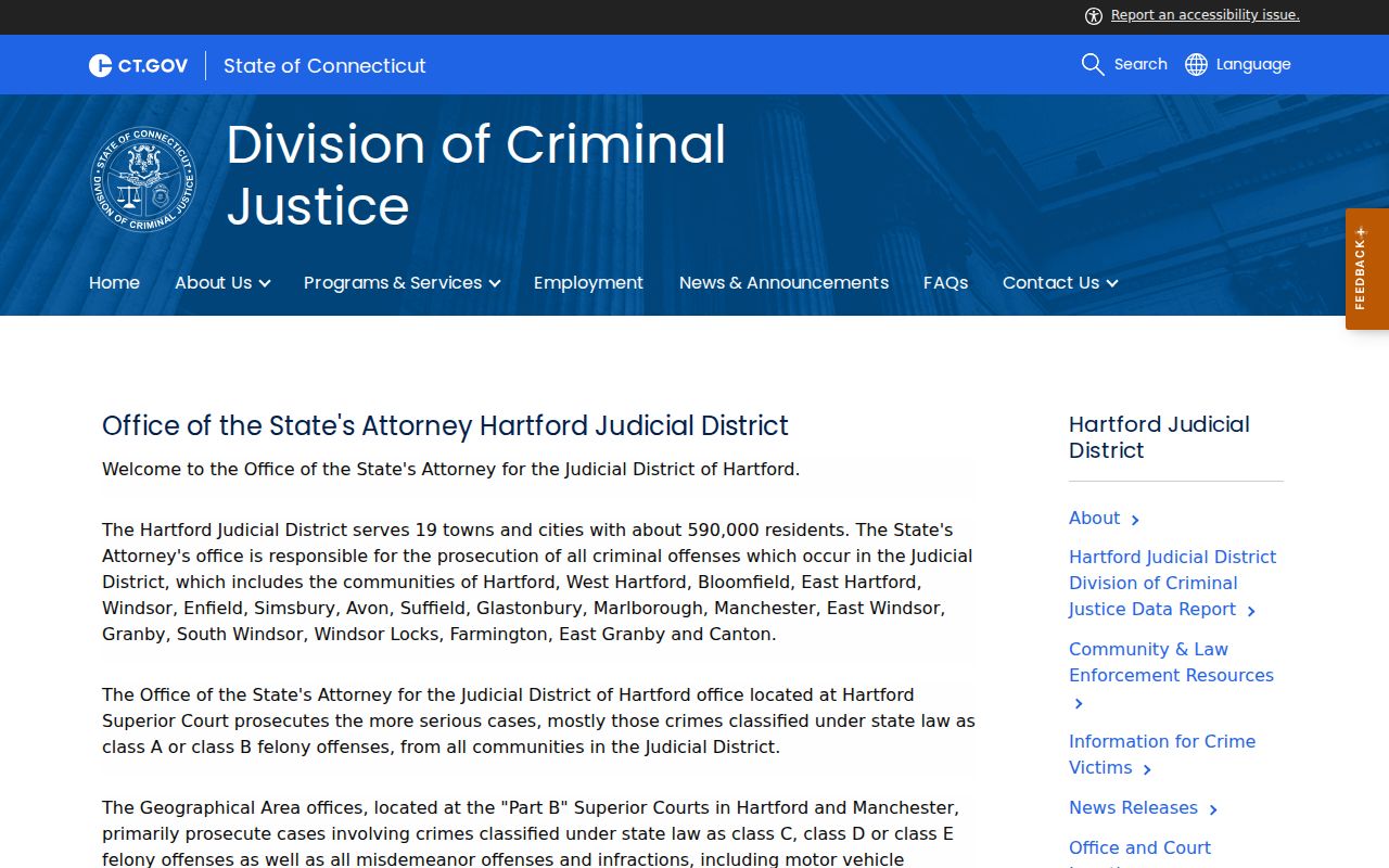 Official Hartford Judicial District State's Attorney information page